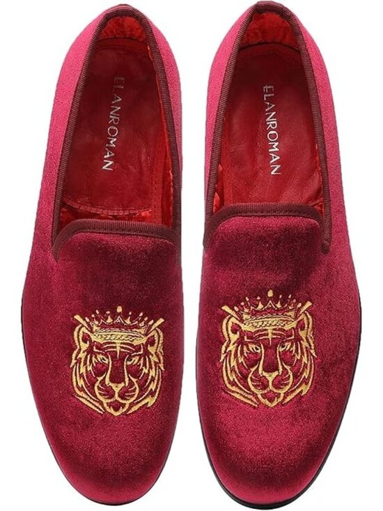Elanroman Mens Size 10 Loafers Rich Red Velvet Embroidered Tiger Design main image 5